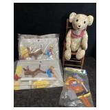 TEDDY BEAR IN CHAIR W/ 3 NOS PLASTIC GARDEN