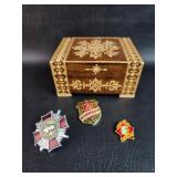 Vtg Russian Inlaid Straw Box & USSR Pins Badges
