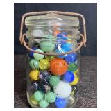 MASON JAR W/ STAR, WIRE SIDE & GLASS LID FULL OF
