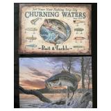 2 Tin Metal Fishing Signs Wall Decor Bait Tackle