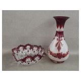 Antique Frosted / Ruby Red Vase & Candy Bowl