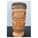 African Tribal Bongo Drum w Hide Top Hand Carved