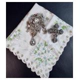 VTG Handkerchief/ 2 Brooch Pendants