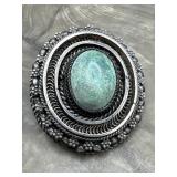 Sterling Silver & Green Cabochon Pendant Brooch