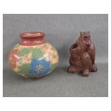 Floral Motif Pottery Vase & Carved Monkey Holder