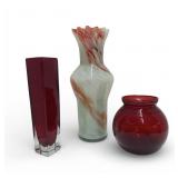 2 Ruby Red Vases w/ Art Glass Vase