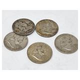 5 Franklin Silver Half Dollars