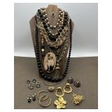 Gold Tone Black Faux Pearls Costume Jewelry
