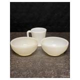 2 FIRE KING MILK GLASS BOWLS W/ COFFEE CUP
