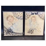 2 Vintage Baby Lithos in Bubble Glass Frames