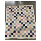 VINTAGE HAND QUILTED SQUARES QUILT STAINED