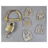 Antique Handcuff / Shackle & US Padlock & Tags