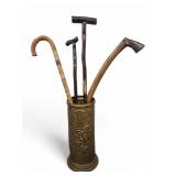 Vtg Brass Umbrella Stand With Canes