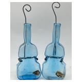 Pair Mid Century Blue Violin Bottles / Bud Vases