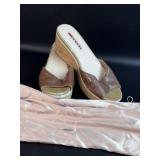 Prada Cork Wedge Heel Peep Toe Sandals w/ Satin