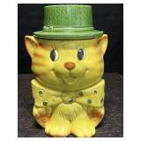 VINTAGE YELLOW CAT W/ GREEN HAT COOKIE JAR