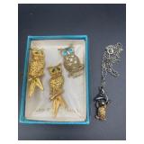 OWL BROOCHES & TURTLE W/ DOLPHIN NECKLACE