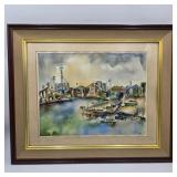 Signed Ink & Wash Industrial Harborside Watercolor