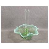 Vtg Crested, Fluted Serving Bowl in Green w/ Vase