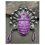 Mayan Purple Ceramic Mask Pendant on Chain
