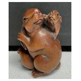 Netsuke Rabbit & Baby Signed Carved Boxwood Pls