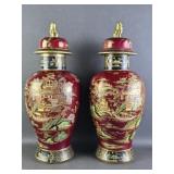 Carlton Ware Red Luster Pair Temple Jars