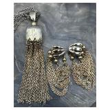 Signed Monet Tassel Necklace & Clip On Earrings