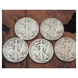 5- WWII Era Walking Liberty Silver Half Dollars