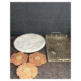 BRASS SERVING TRAY, MARBLE LAZY SUSAN & 3 WOOD