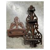 2 Vintage Carved Wooden Wall Shelf & Holder ,