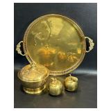 Vintage Brass Tray, Covered Etched Bowl & 2 Apple