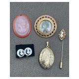 Cameo Pendant, Stick Pin & MOP Earrings + Locket