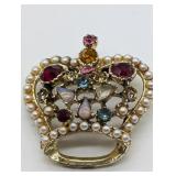 VTG CROWN BROOCH WITH MULTI COLOR RHINESTONES