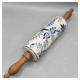 ANTIQUE GERMAN BLUE ONION WOOD HANDLE ROLLING PIN