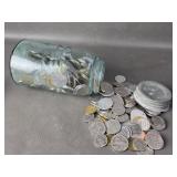 Antique Triple L Aqua Blue Ball Jar Foreign Coins