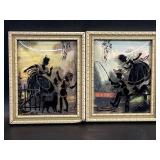 2 Silhouettes Convex Glass Children Fishing ,