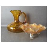 Marigold Opalescent Carnival Glass Footed Bowl &