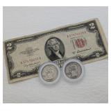 2 SILVER WASHINGTON QUARTERS & $2 1953A  RED SEAL