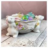 Ceramic Bunny Dish w/ Crackle Glass Easter Eggs.