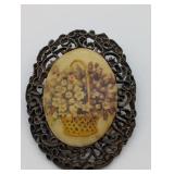VTG. CABOCHON BASKET OF FLOWERS FILAGREE FRAMED