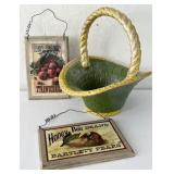Vintage HP Ceramic Basket & Wood Fruit Signs