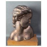 Vtg Bronze Toned Silhouette Bust Woman on Wood