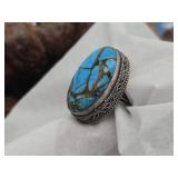 Large Turquoise & Silver Ring w/ Gold Fleck Veins