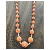 Celluloid Carved Coral Color Roses Necklace
