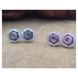 2- Pair 14K WG Earrings - Diamond, Ruby, Sapphire