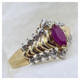 SZ. 6.5, 10K YELLOW GOLD RUBY STONE WITH DIAMOND