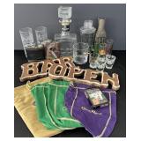Cocktail Bar Set. Wood Sign, Shot Glasses, Jack