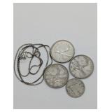4 SILVER CANADA COINS & STERLING SILVER CHAIN