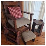 Antique Oak Chair w/ Magazine Rack, Table, & Stool