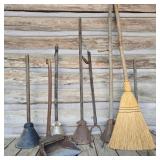 Antique Washing Plungers w/ Broom & Iron Tongs